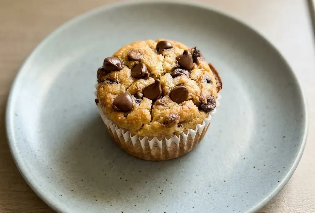 Bird's-eye view of a chocolate chip chickpea banana muffin on a white plate.