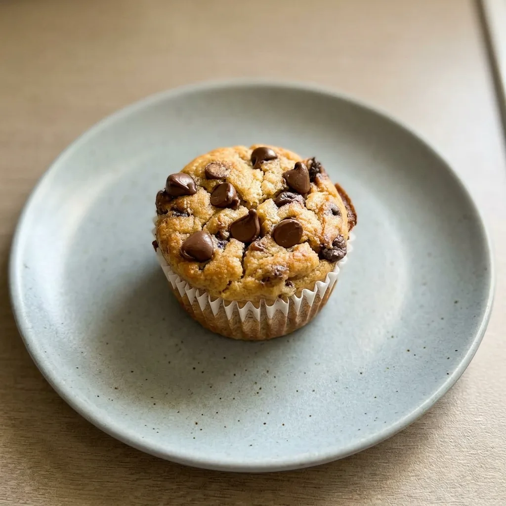 Bird's-eye view of a chocolate chip chickpea banana muffin on a white plate.