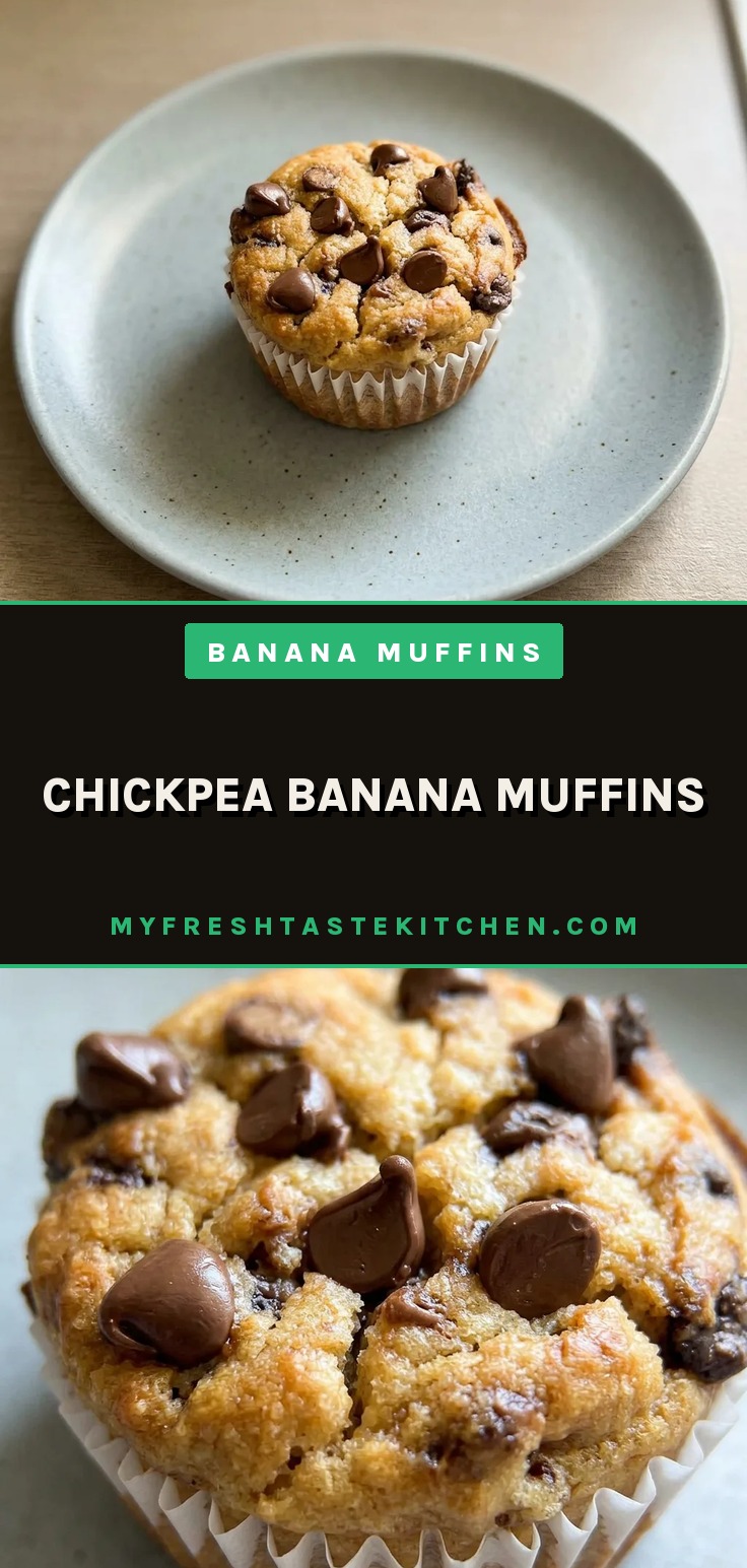 Bird's-eye view of a chocolate chip chickpea banana muffin on a white plate.