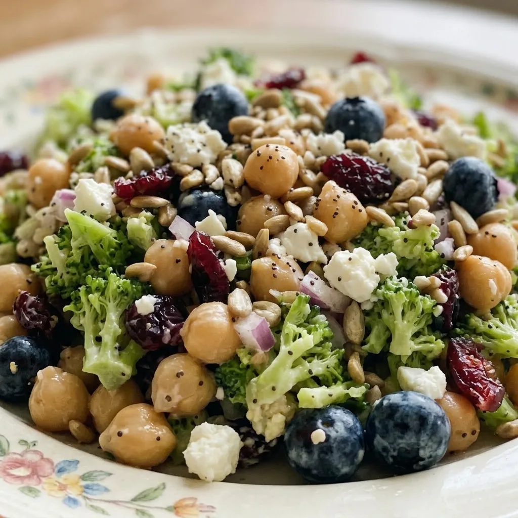 Macro detail of a fork lifting broccoli and chickpeas with visible blueberry, cranberry, and sunflower seed toppings.