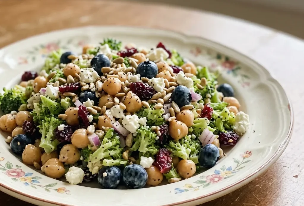 Top-down look at a salad of broccoli florets, chickpeas, blueberries, dried cranberries, sunflower seeds, feta cheese, and red onion rings.