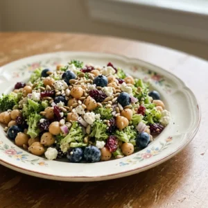 Top-down look at a salad of broccoli florets, chickpeas, blueberries, dried cranberries, sunflower seeds, feta cheese, and red onion rings.