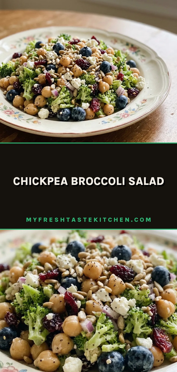 Chickpea broccoli salad in a bowl with broccoli, chickpeas, blueberries, dried cranberries, sunflower seeds, feta cheese, and red onion.