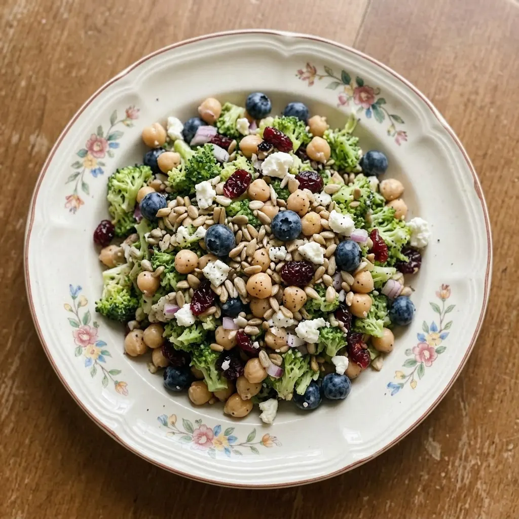 A serving of chickpea broccoli salad topped with dried cranberries, sunflower seeds, and crumbled feta cheese.