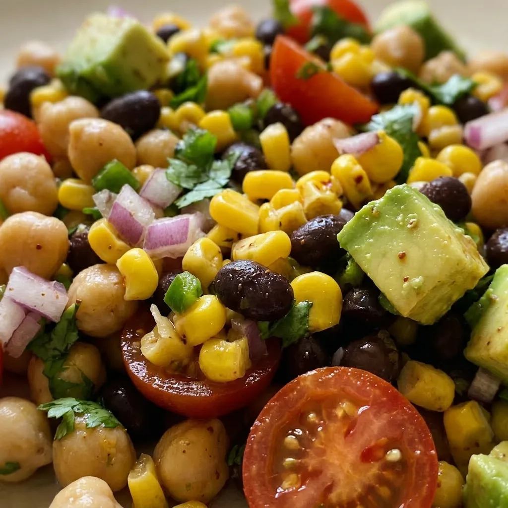 Macro detail of chili lime bean salad showing a fork lifting chickpeas, black beans, corn, and diced red onion, with a wedge of lime in the corner.