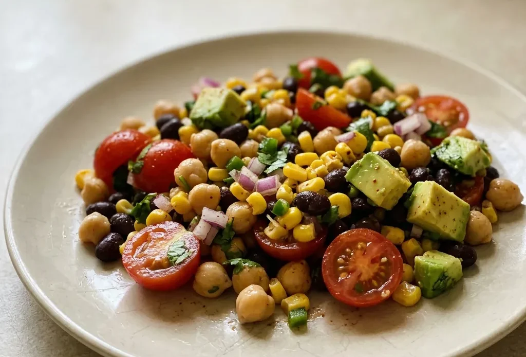 Top-down look at a bowl of chili lime bean salad with chickpeas, black beans, corn, cherry tomatoes, red onion, jalapeno, cilantro, and avocado slices.