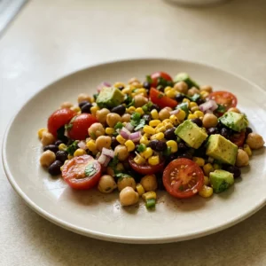 Top-down look at a bowl of chili lime bean salad with chickpeas, black beans, corn, cherry tomatoes, red onion, jalapeno, cilantro, and avocado slices.