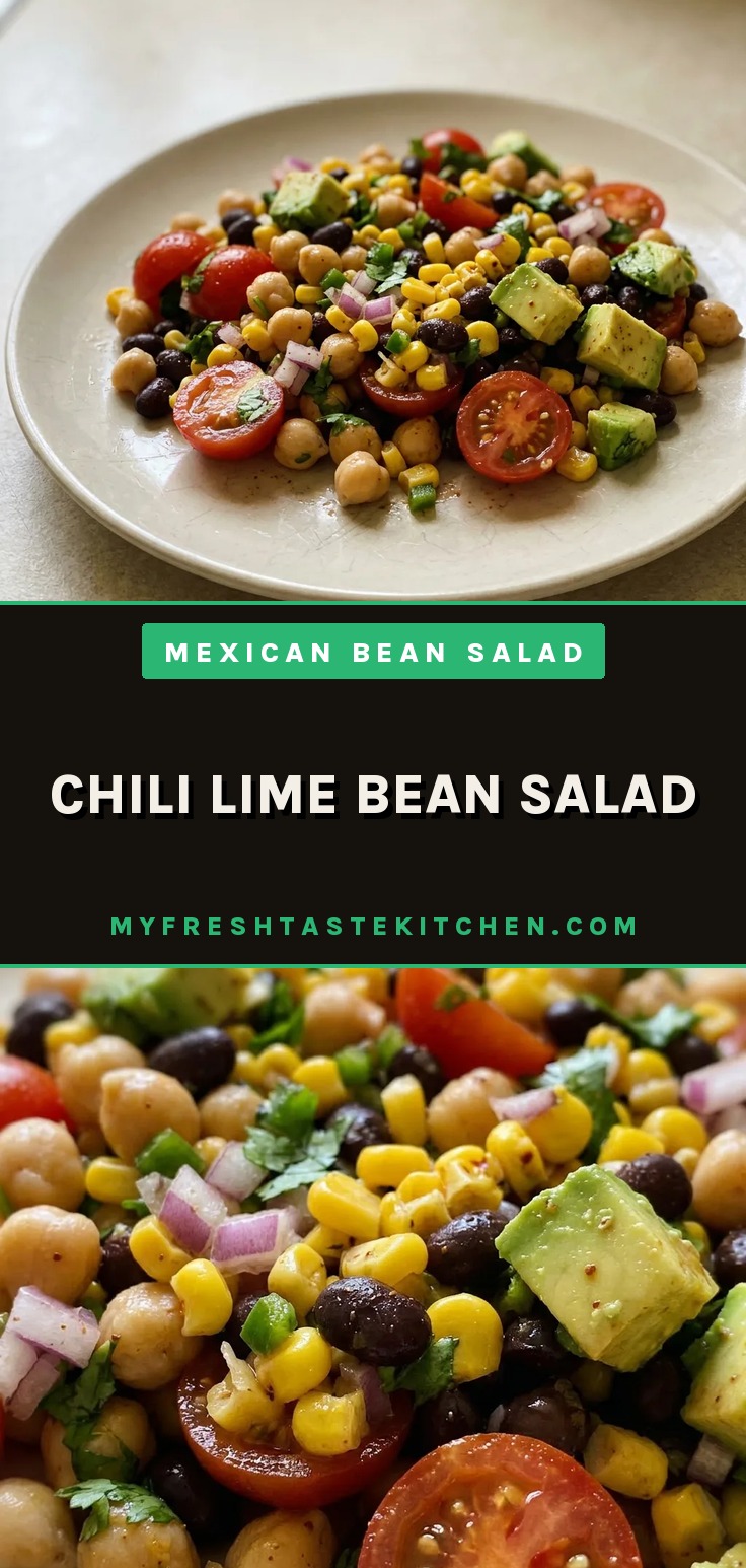Chili lime bean salad featuring black beans, chickpeas, corn, cherry tomatoes, and avocado cubes.
