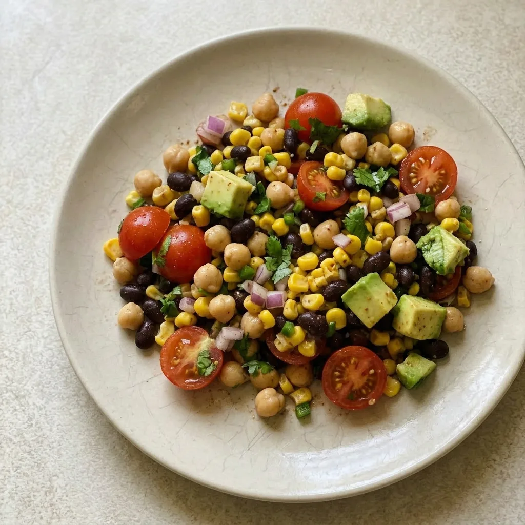 A serving of chili lime bean salad with avocado, cherry tomatoes, cilantro, and jalapeno, garnished with lime wedges and chili powder.