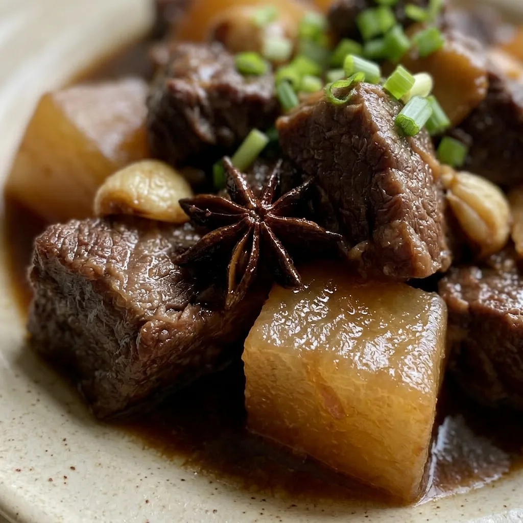 Up close, a forkful of tender beef chuck and translucent daikon radish glistening with hoisin and oyster sauce, garnished with a star anise.