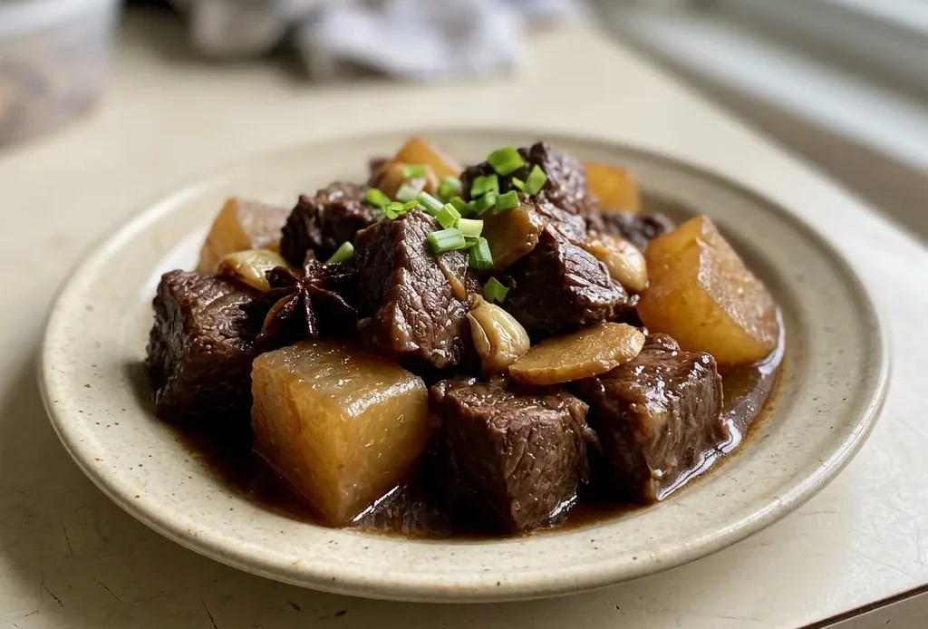 Looking down at a bowl of beef stew with large chunks of beef and daikon radish in a dark brown sauce, topped with star anise.