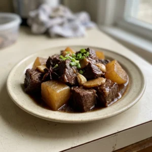 Looking down at a bowl of beef stew with large chunks of beef and daikon radish in a dark brown sauce, topped with star anise.