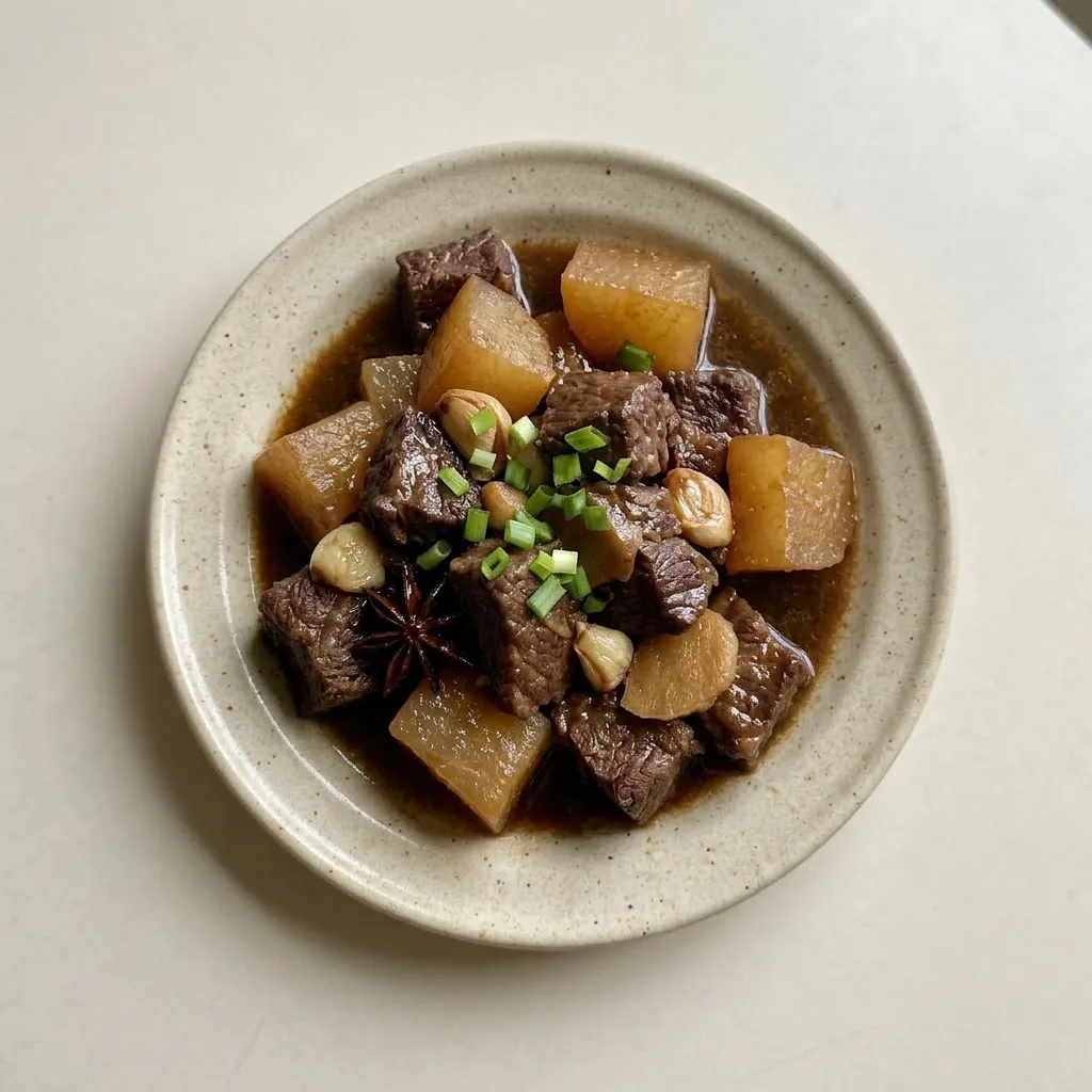A plate of Chinese beef stew featuring thick slices of daikon radish and beef chuck in a rich soy and Shaoxing wine sauce, with star anise on top.