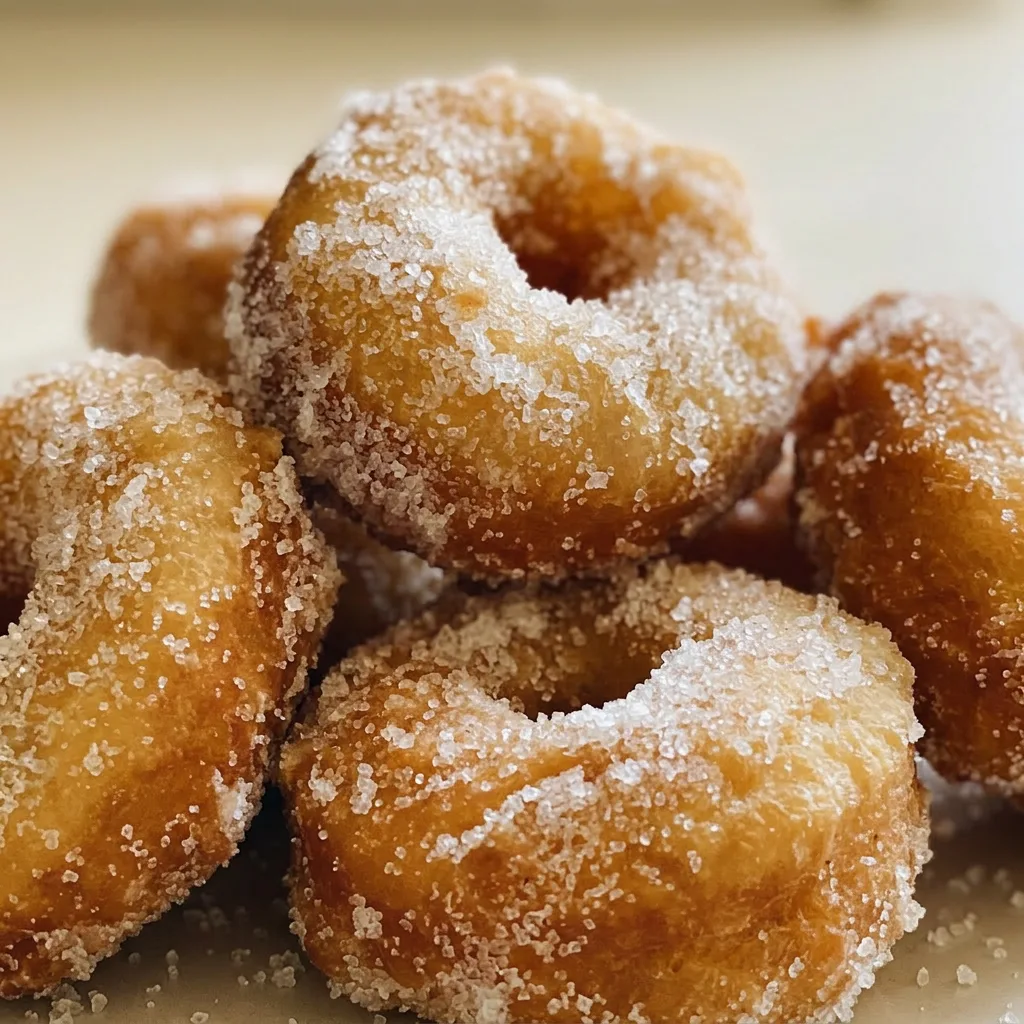 Up close, a donut with a light golden crust and a ring of white powdered sugar on top.