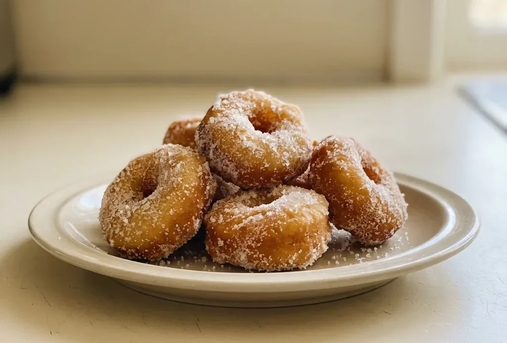 Looking down at three round donuts with golden brown tops, each dusted with powdered sugar.