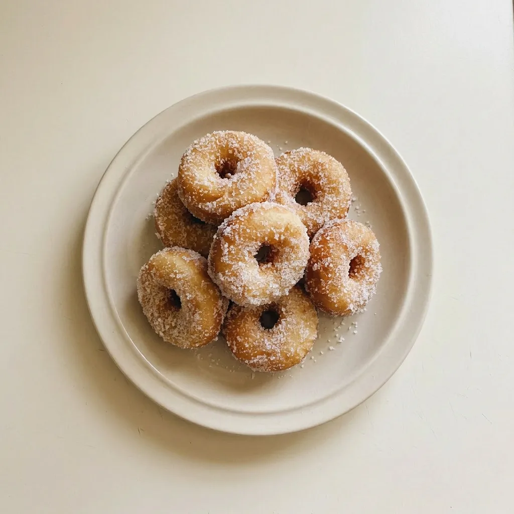 A plate of three donuts, each with a light dusting of white powdered sugar.