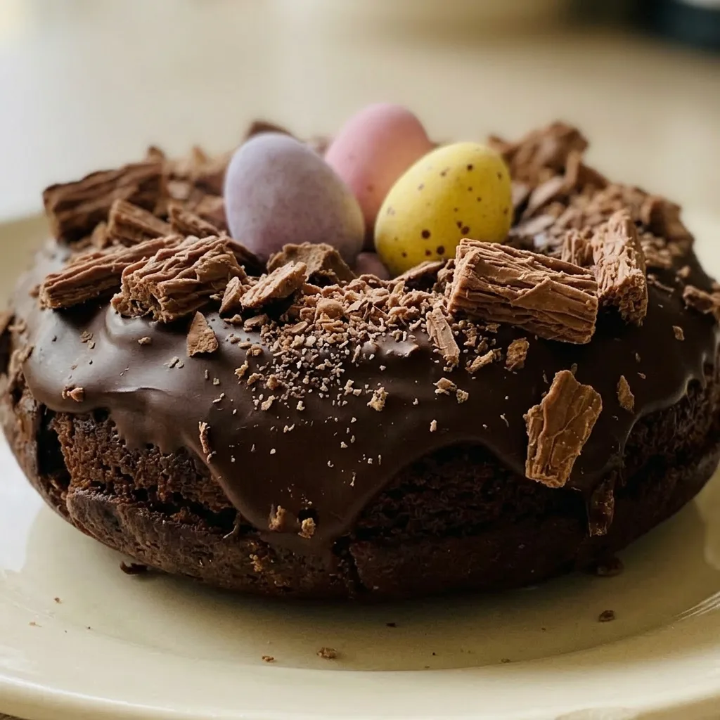 Macro detail of a chocolate donut with a Flake bar crumble nest holding three speckled mini eggs.