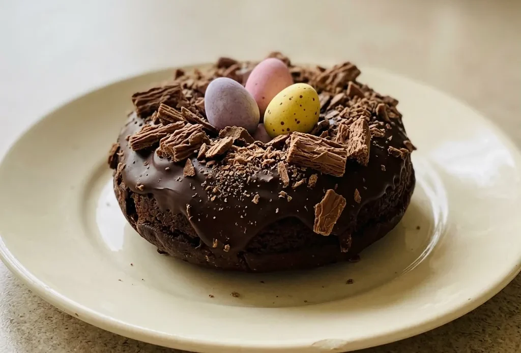 Top-down look at three chocolate donuts arranged in a triangle, each topped with a nest of shredded chocolate and filled with three mini eggs.