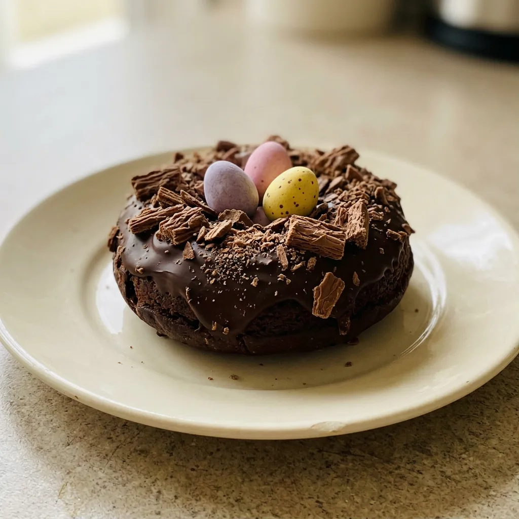 Top-down look at three chocolate donuts arranged in a triangle, each topped with a nest of shredded chocolate and filled with three mini eggs.