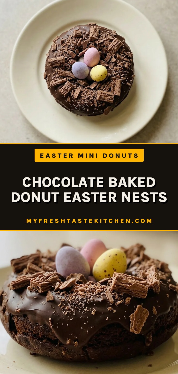 Chocolate baked donut Easter nests topped with dark chocolate, crushed Flake bars, and mini eggs, showing speckled egg donuts.