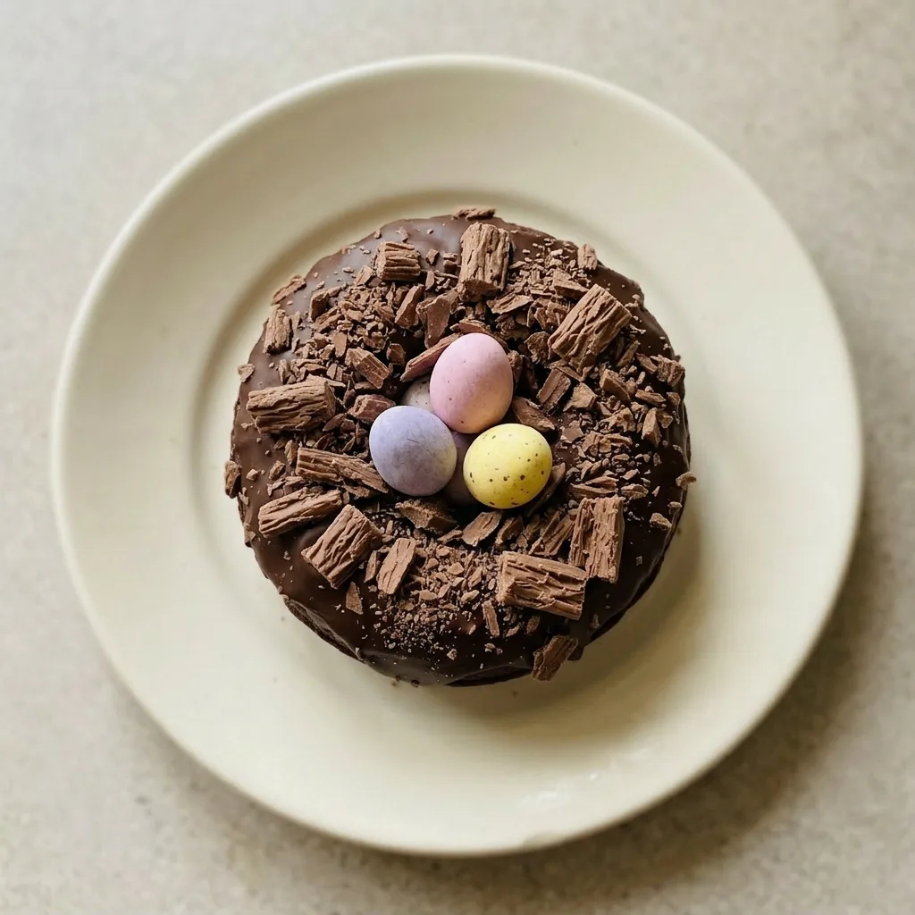A serving of chocolate donuts with chocolate nests and mini eggs, seen from a slight angle highlighting the toppings.