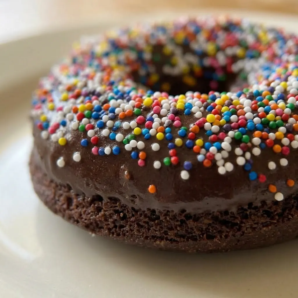 Macro detail of a chocolate cake donut with glossy chocolate glaze, peanut butter streaks, a strawberry piece, butterscotch chips, coconut shreds, and a pecan half.
