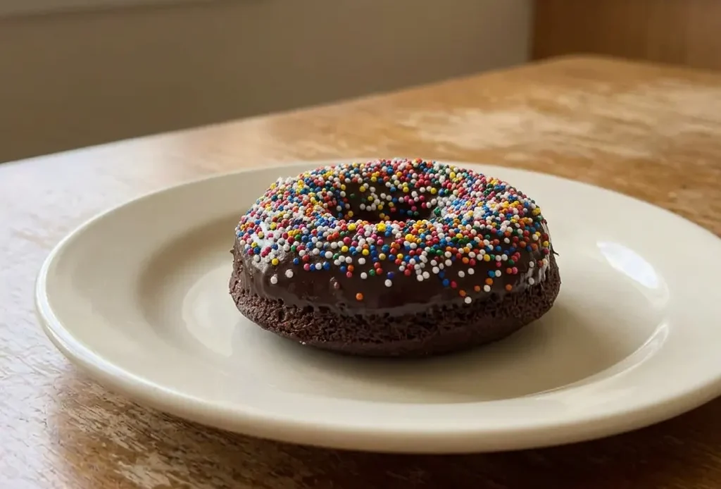 Top-down look at three chocolate cake donuts topped with chocolate glaze, peanut butter drizzle, strawberry slices, butterscotch chips, coconut, and pecans.
