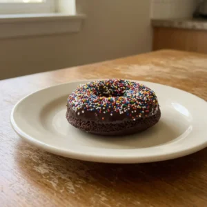 Top-down look at three chocolate cake donuts topped with chocolate glaze, peanut butter drizzle, strawberry slices, butterscotch chips, coconut, and pecans.