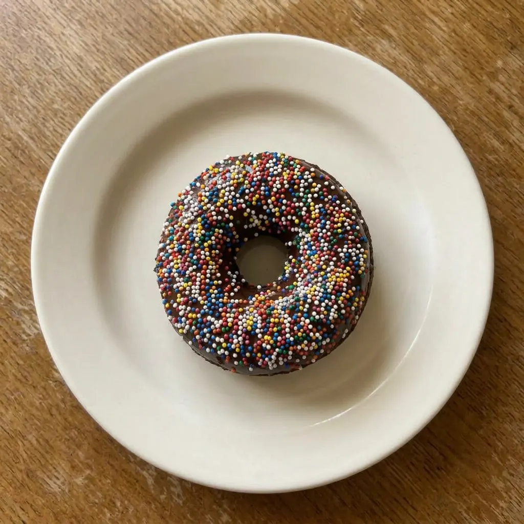 A serving of two chocolate cake donuts, one with chocolate and peanut butter toppings, the other with strawberry, butterscotch, coconut, and pecans, arranged side by side.