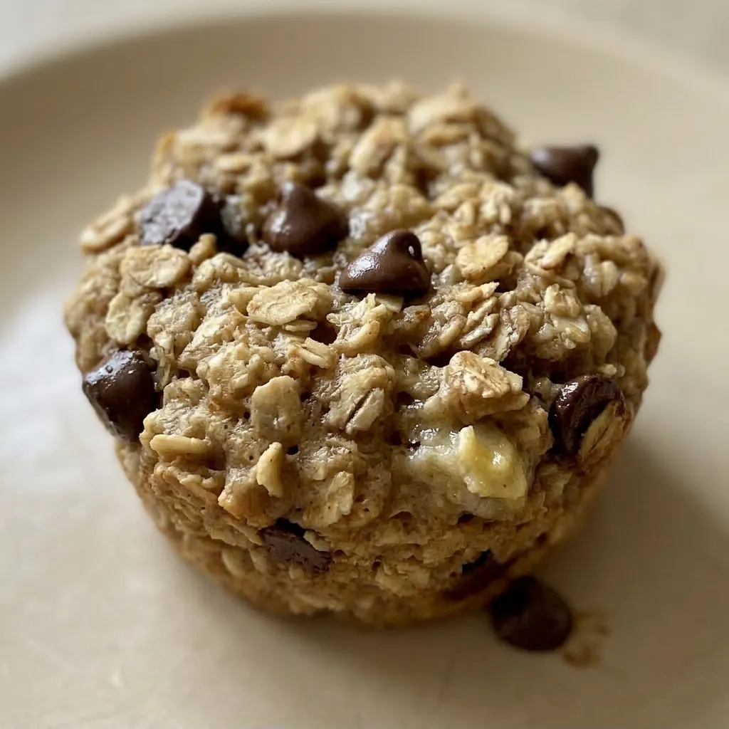 Up close, a muffin's domed top studded with chocolate chips and oat flakes, with a soft crumb visible.