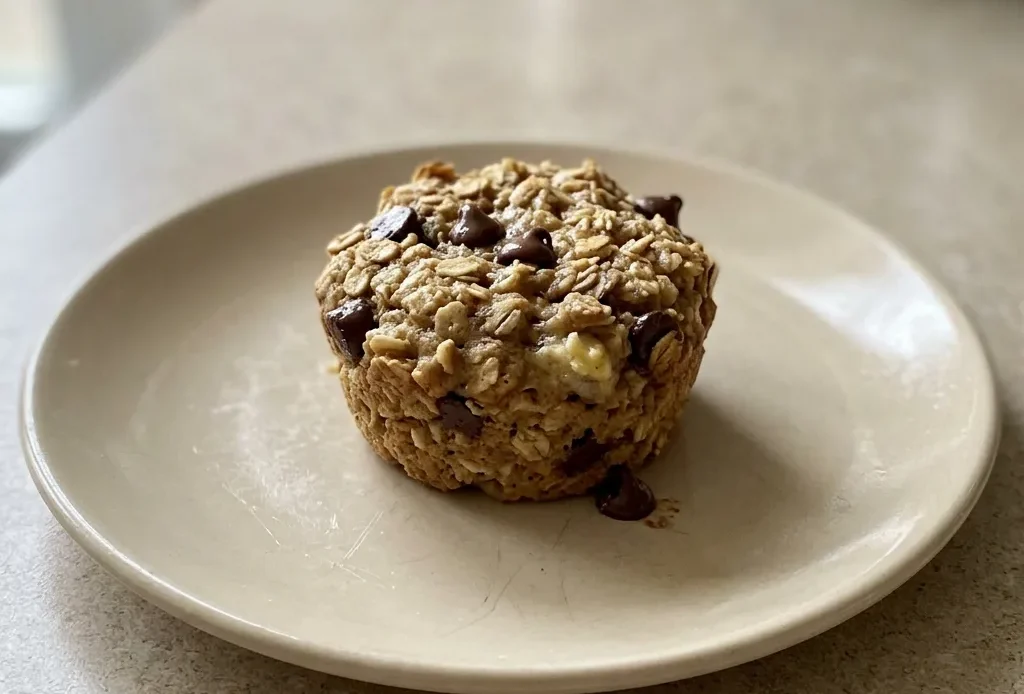 Looking down at three banana oatmeal muffins with chocolate chips, arranged in a circle.