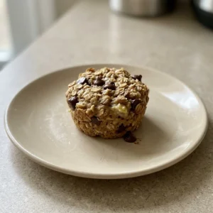 Looking down at three banana oatmeal muffins with chocolate chips, arranged in a circle.