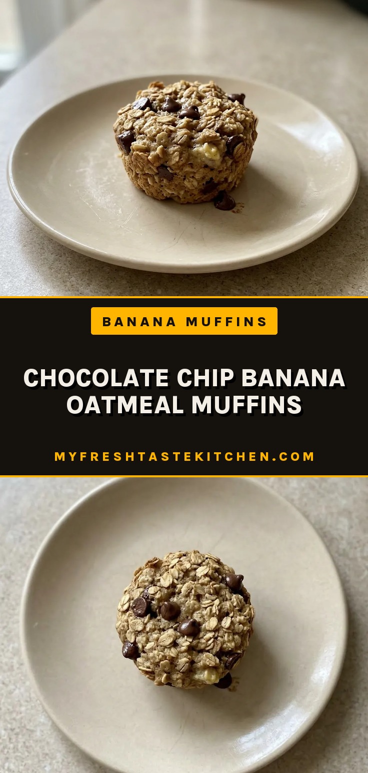 Looking down at three banana oatmeal muffins with chocolate chips, arranged in a circle.