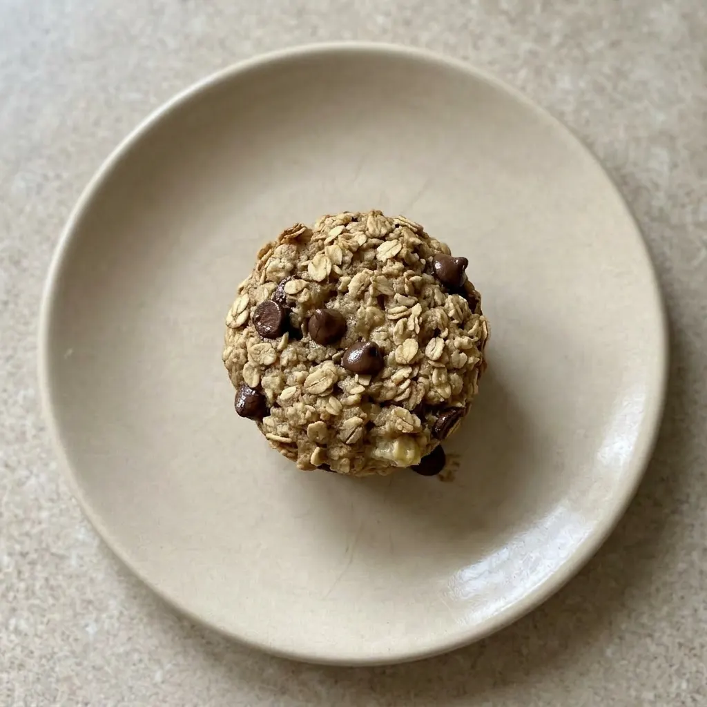 A plate of two chocolate chip banana oatmeal muffins, one cut in half to show the moist interior.