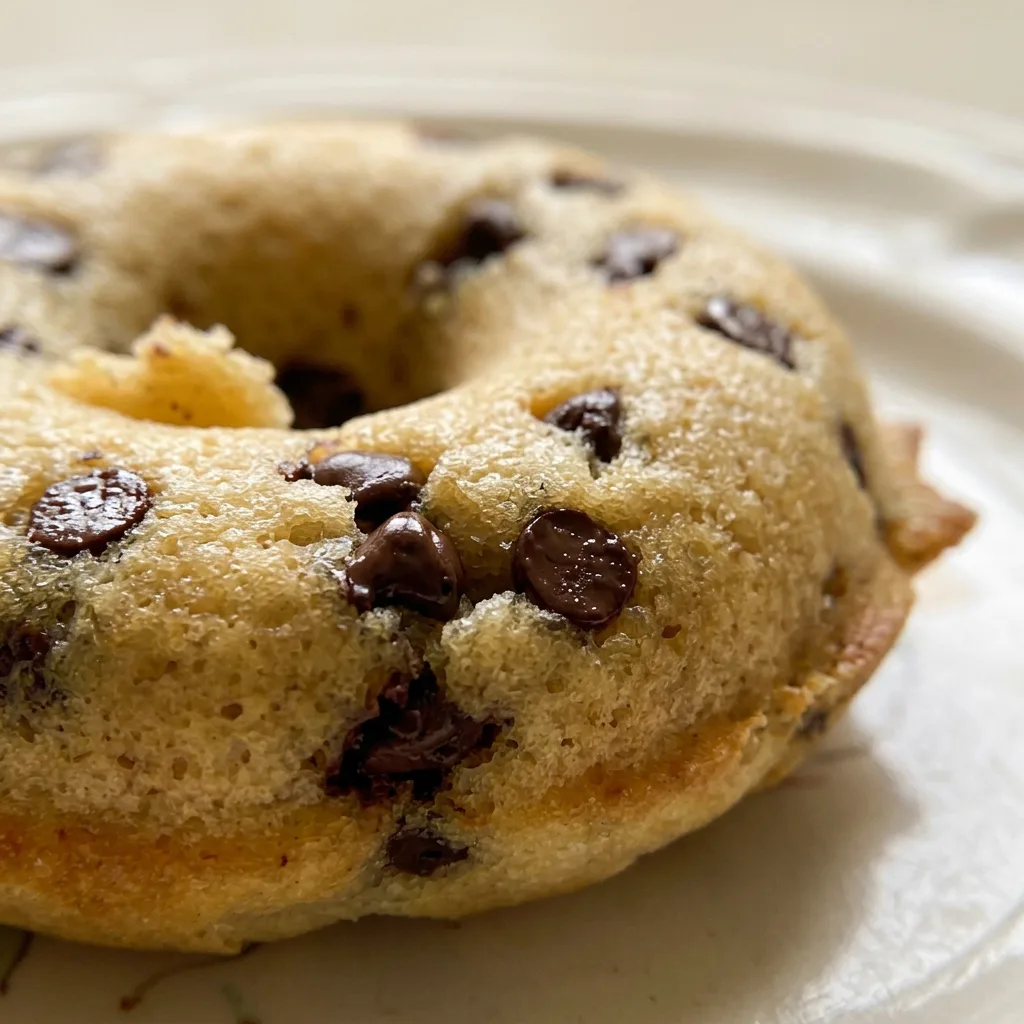 Macro detail of a donut's golden-brown crumb, studded with melted mini chocolate chips and a glossy sheen.
