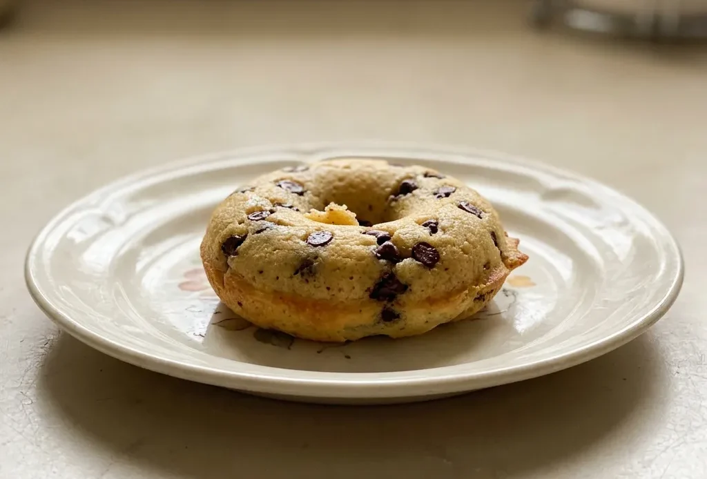 Top-down look at three chocolate chip donuts on a dark surface, each ring dotted with mini chocolate chips.