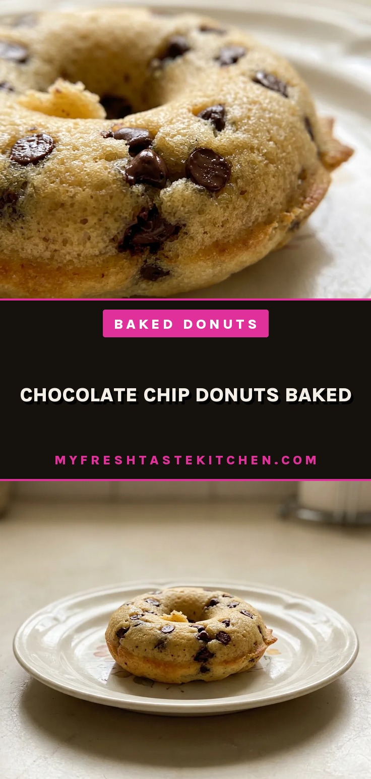 Chocolate chip donuts baked with mini chocolate chips, golden brown donuts on a cooling rack.