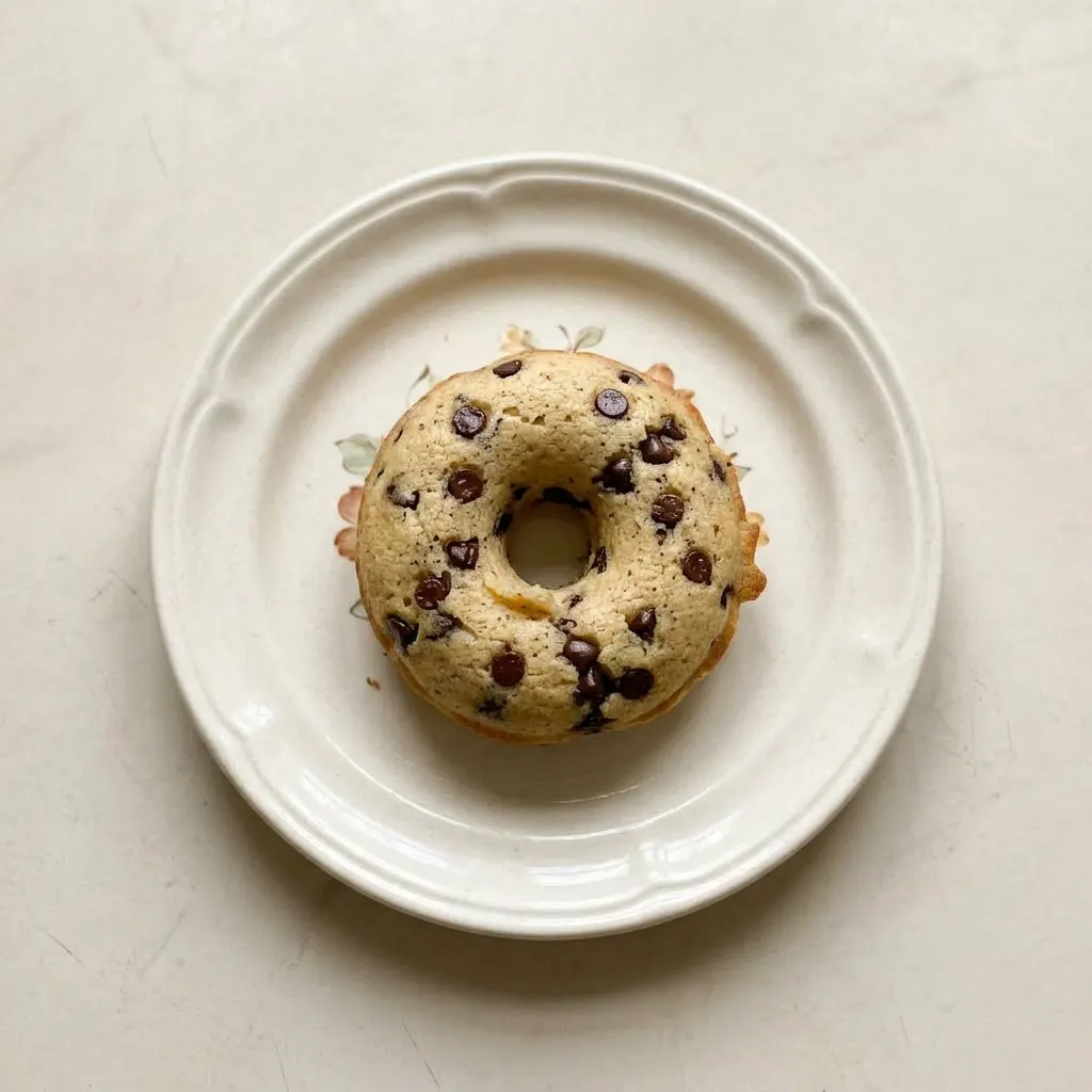 A serving of two baked donuts, their tops speckled with mini chocolate chips, viewed from a slight side angle.