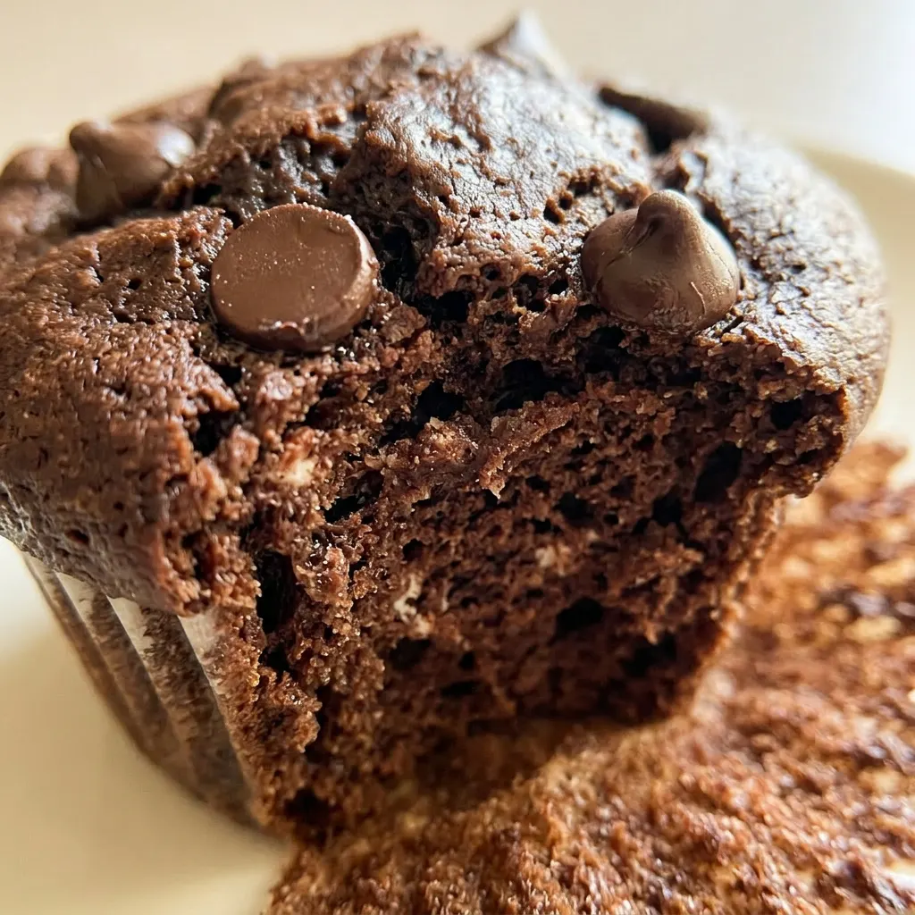 Close view of a chocolate muffin with melted chocolate chips and a crumbly oat-cottage cheese texture.