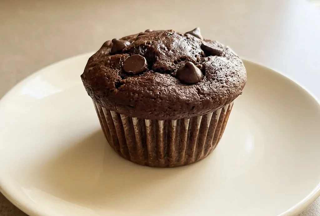 Overhead shot of a chocolate muffin topped with chocolate chips and oats, cottage cheese visible inside.