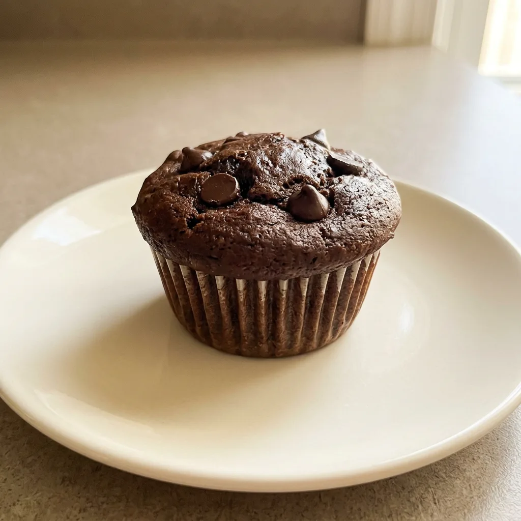 Overhead shot of a chocolate muffin topped with chocolate chips and oats, cottage cheese visible inside.