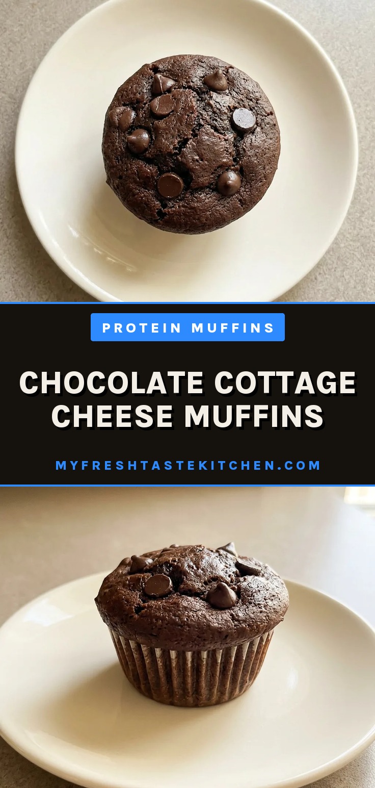 Overhead shot of a chocolate muffin topped with chocolate chips and oats, cottage cheese visible inside.