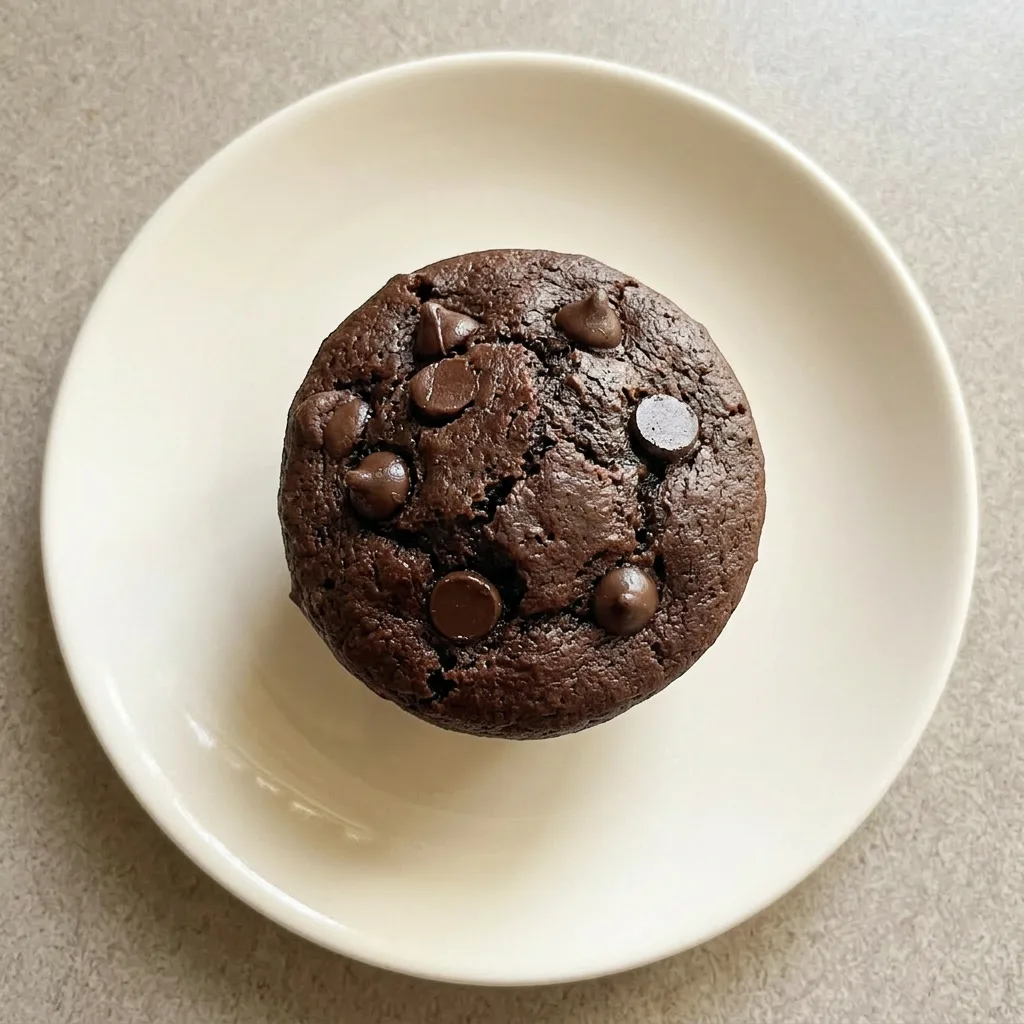 Plated chocolate muffin with visible cottage cheese chunks, cocoa powder dusting, and chocolate chips.