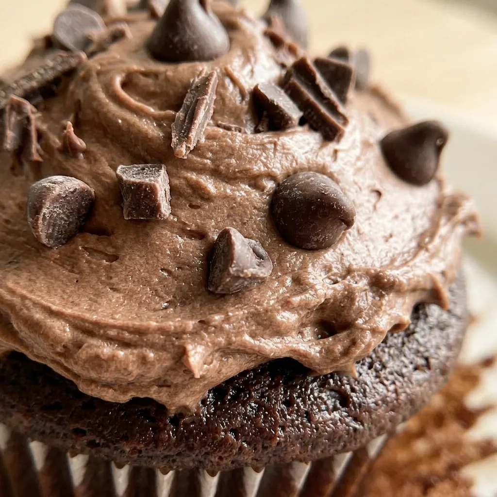 Up close, a chocolate cupcake with fluffy cocoa frosting, garnished with a milk chocolate curl and a sprinkle of cocoa powder.