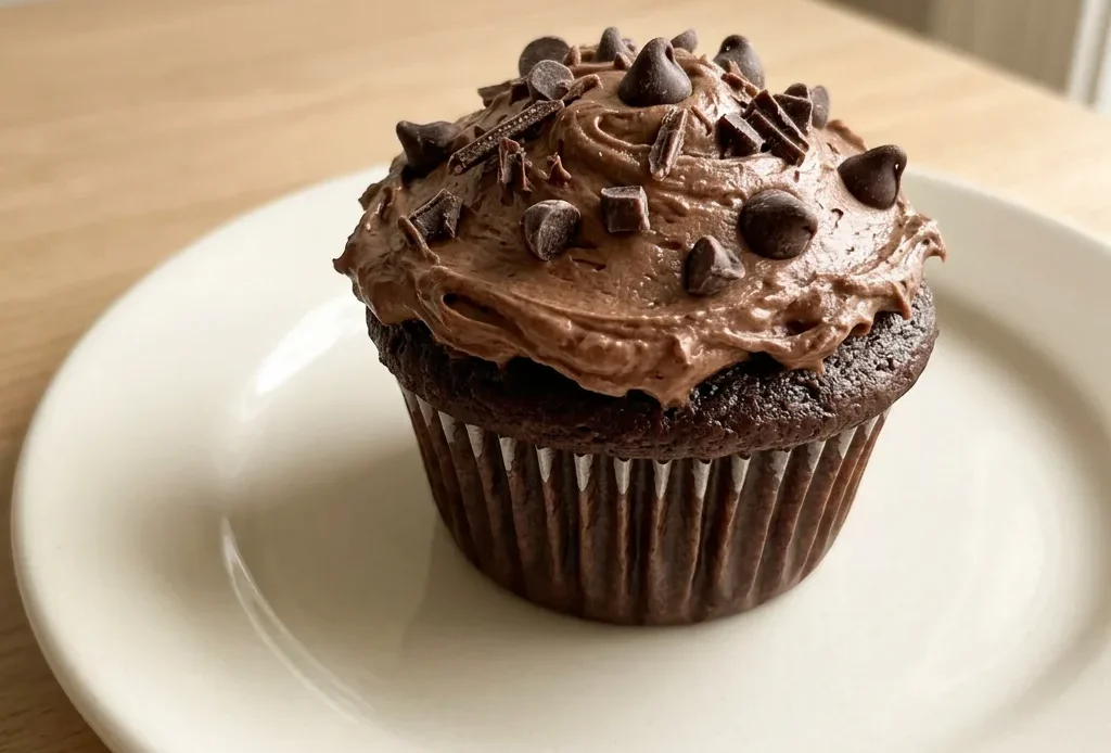 Looking down at three chocolate cupcakes with swirled cocoa frosting and a dusting of cocoa powder.