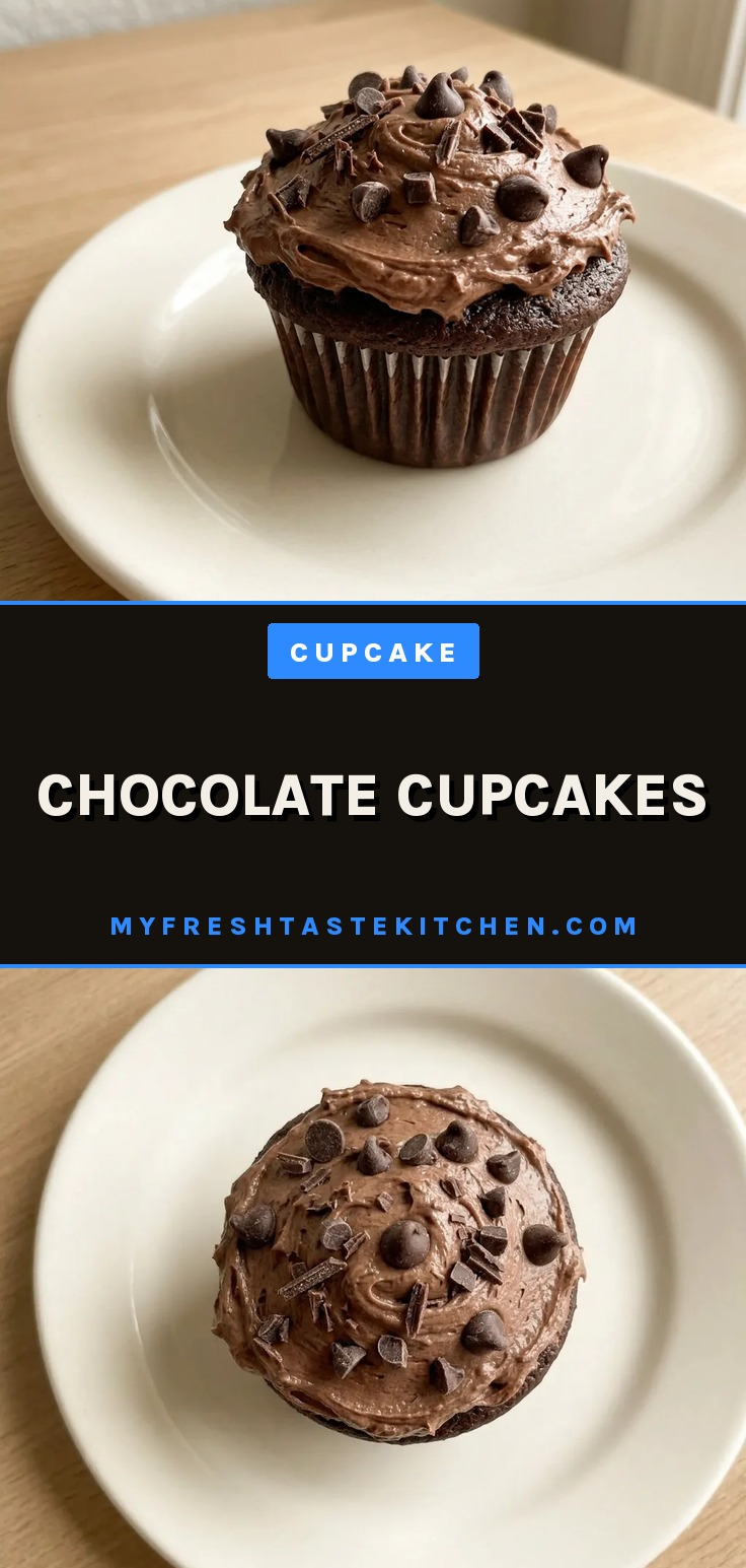 Looking down at three chocolate cupcakes with swirled cocoa frosting and a dusting of cocoa powder.