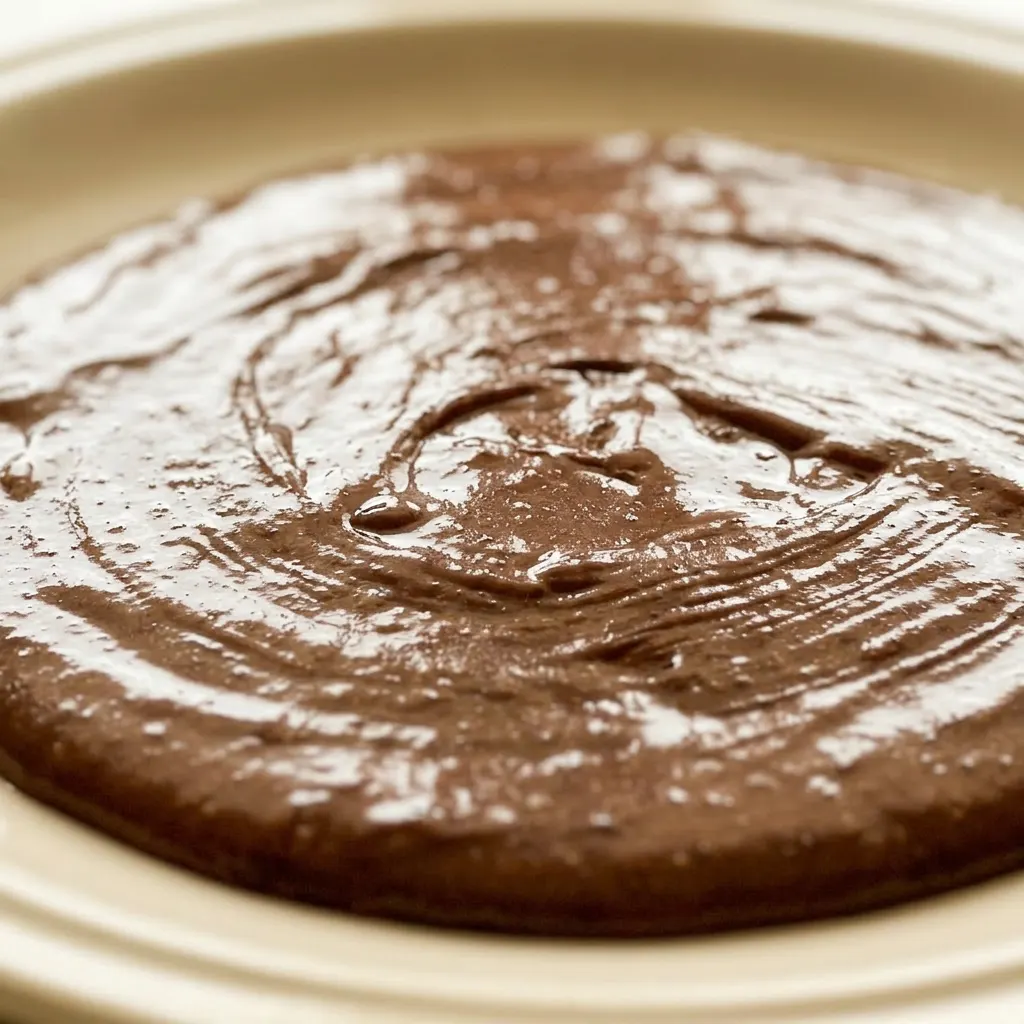 Close view of a thick chocolate glaze with visible cocoa specks and a glossy sheen, pooling on top of a cake.