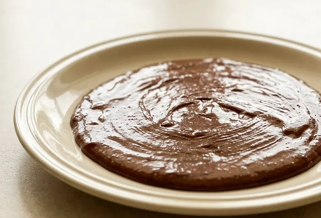 Overhead shot of a glossy chocolate glaze covering a round cake, with smooth surface and slight drip edges.