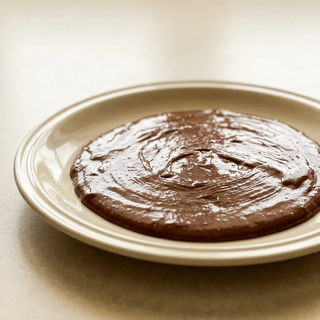 Overhead shot of a glossy chocolate glaze covering a round cake, with smooth surface and slight drip edges.
