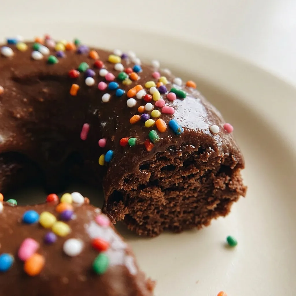 Close view of a chocolate protein donut with visible chocolate chips and a glossy maple syrup glaze.